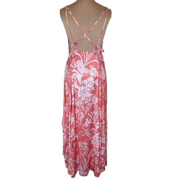 Free People Ashley Slip Dress 8 Womens Pink Plunge Maxi Ruffle Feminine Floral - Picture 5 of 14